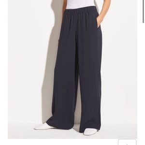 Vince Wide Leg Satin Pull On Trousers in Coastal Navy Blue